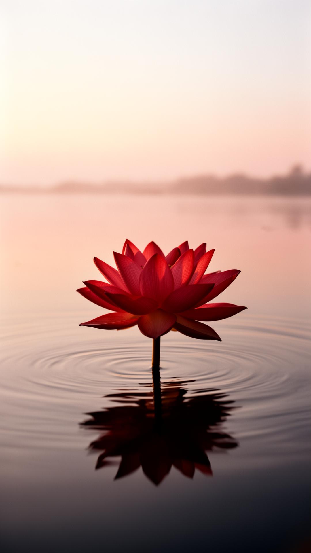 A lotus rising from still water at dawn